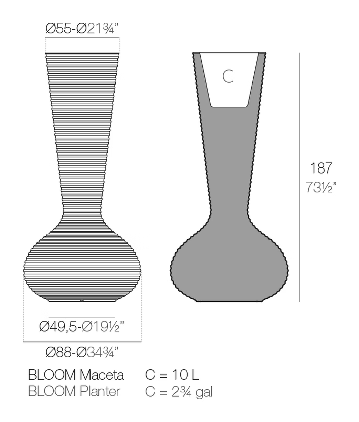 Bloom Planter by Vondom, size drawing