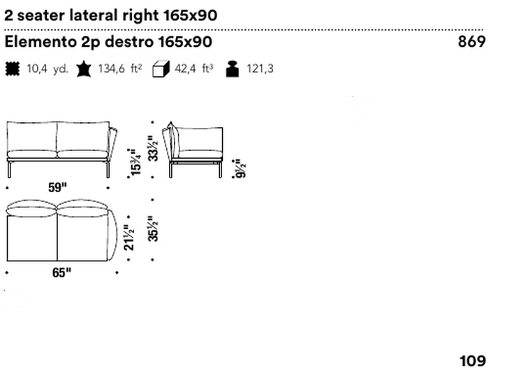 Gentry Extra Light Sofa by Moroso, size drawing: 2 seater lateral right 165x90