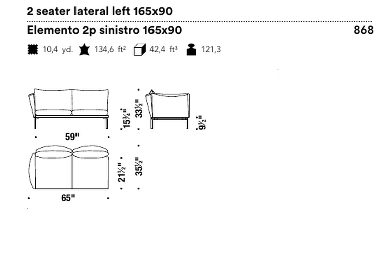 Gentry Extra Light Sofa by Moroso, size drawing: 2 seater lateral left 165x90