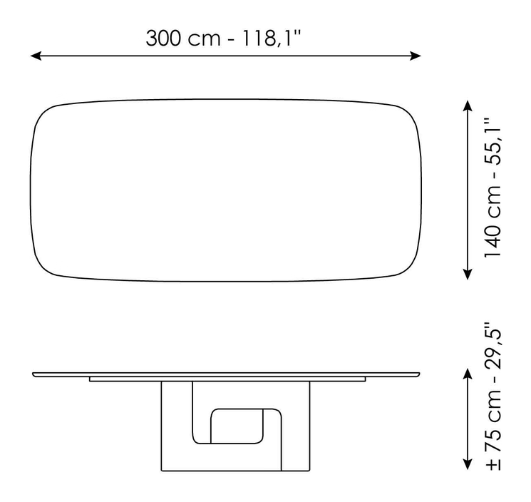 Liaison Dining Table by Bonaldo, size drawing: Liaison 300x140