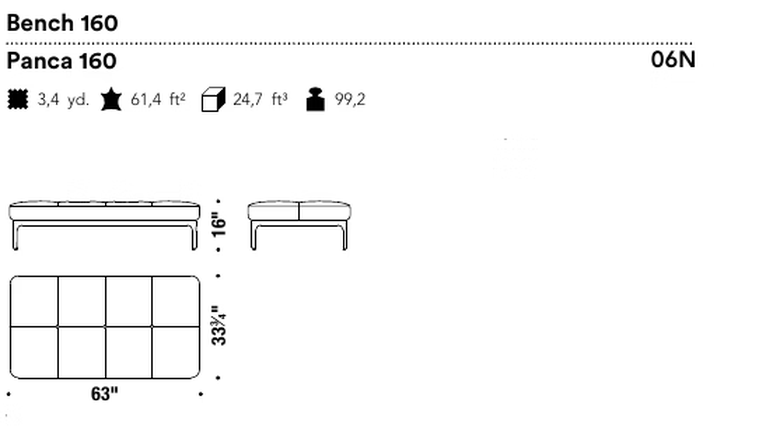 Modernista Ottoman Bench by Moroso, size drawing: Bench 160