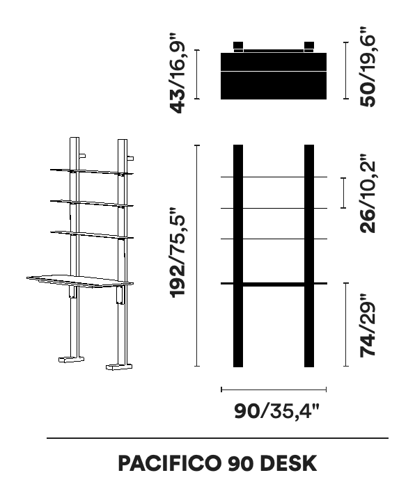 Pacifico Shelving System by Opinion Ciatti, size drawing: PACIFICO 90 DESK