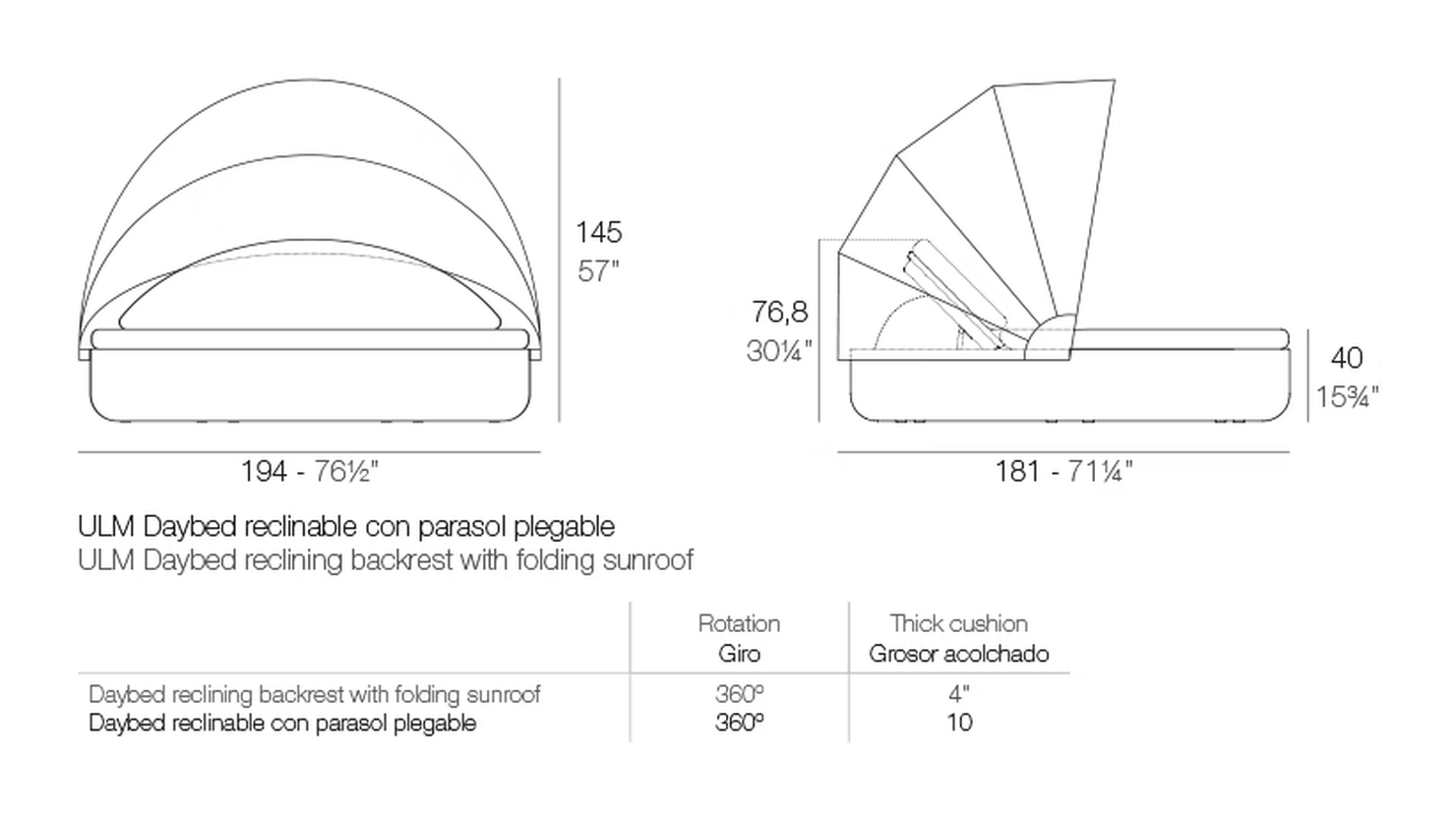 Ulm Daybed Reclining Backrest With Folding Canopy by Vondom, size drawing