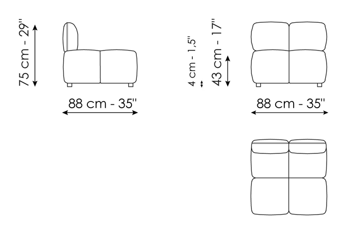 Brik Sofa by Bonaldo, size drawing: Center section 88