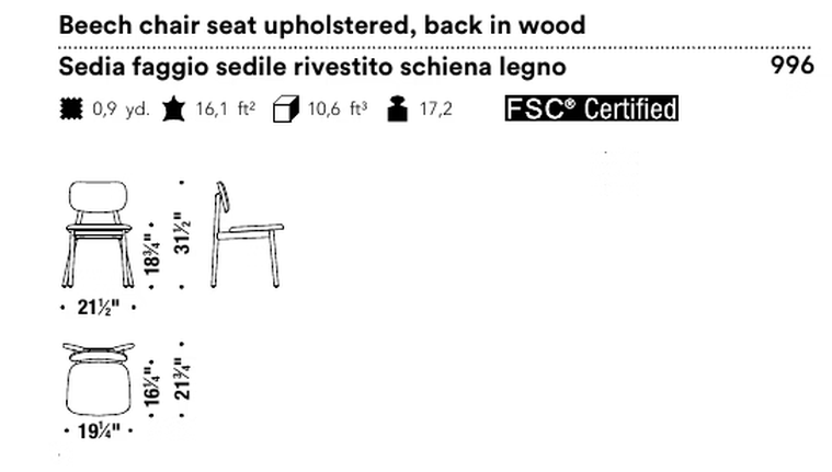 Klara Dining Chair by Moroso, size drawing: Beech chair seat upholstered, back in wood
