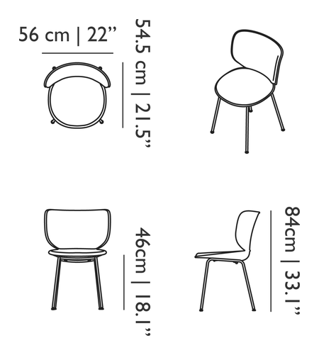 Hana Chair Upholstered by Moooi, size drawing: Non-Stackable