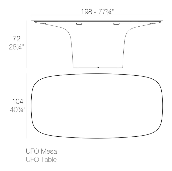 UFO Dining Table 198 × 104 × 72 by Vondom, size drawing