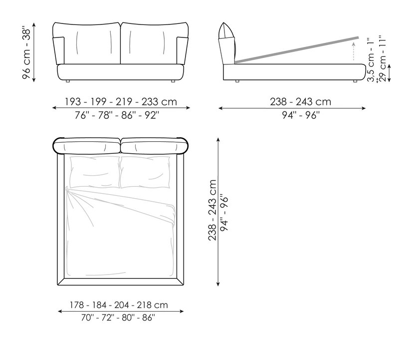 Blend Bed by Bonaldo, size drawing: Blend bed open