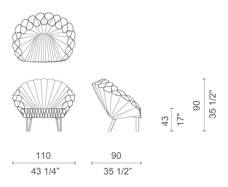 Peacock Armchair by Cappellini, size drawing