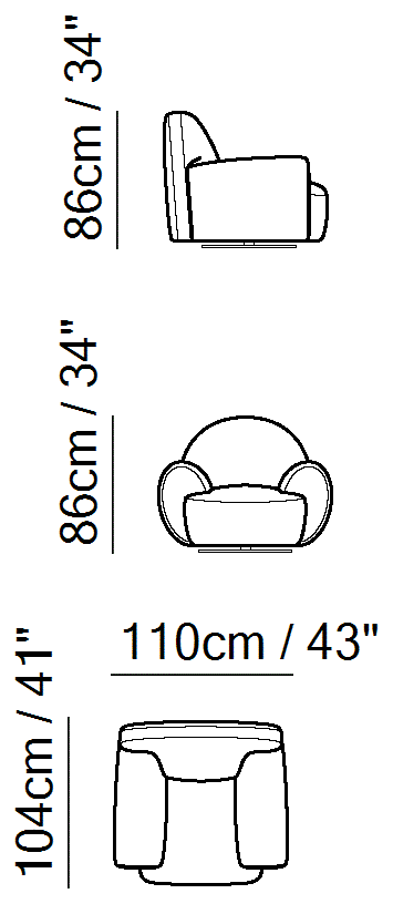 Memoria Sectional by Natuzzi Italia: Swivel chair, outline drawing with sizes