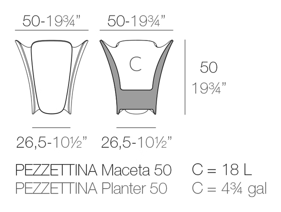 Pezzettina Maceteros Planter by Vondom, size drawing