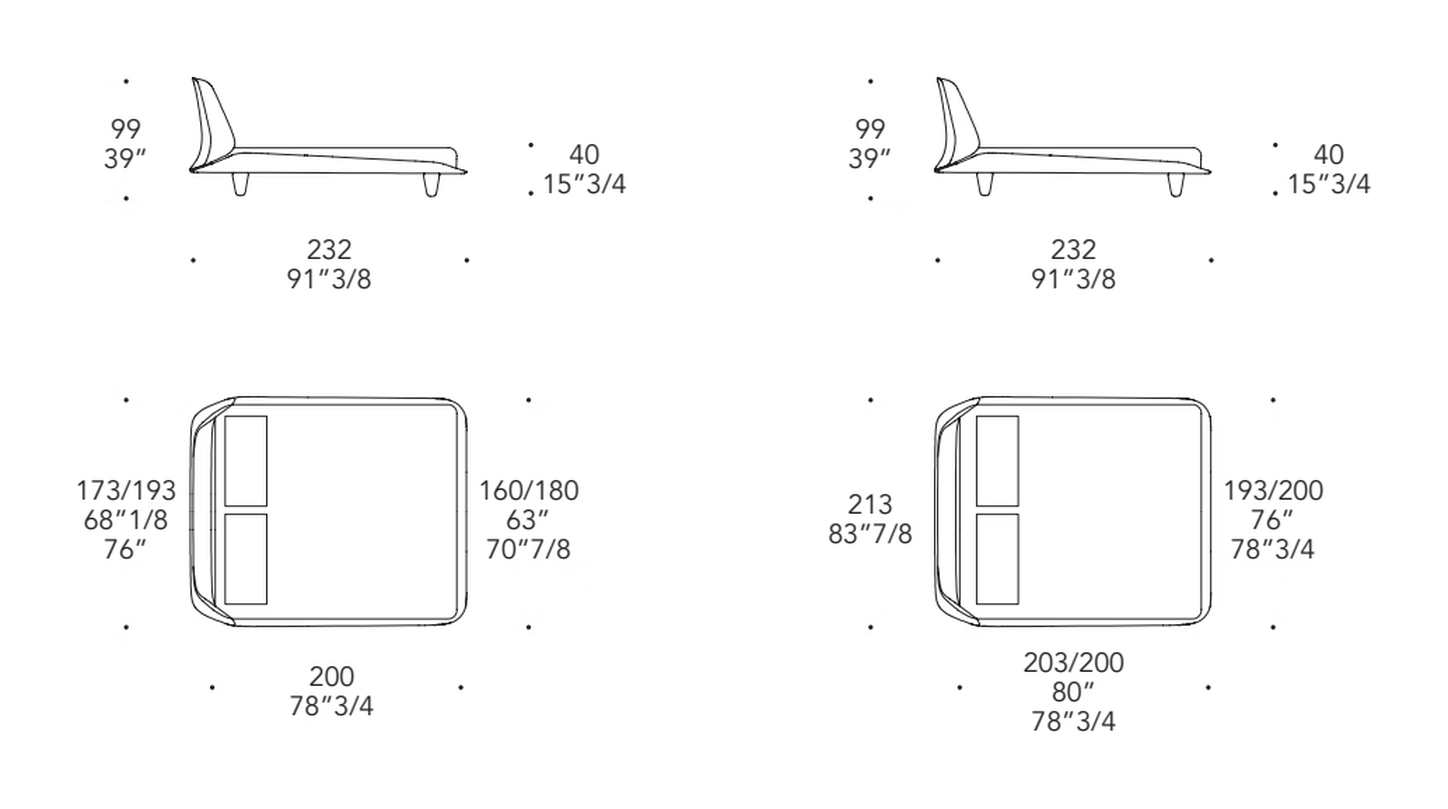 Segno Letto Bed by Reflex, size drawing