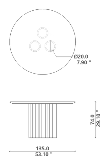 Salinas Dining Table by Talenti, size drawing: Ø 135