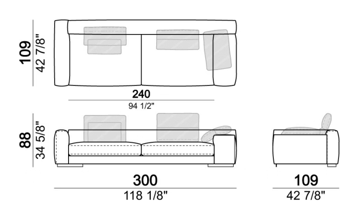 Atlas Sofa by Arketipo, size drawing: Corner sofa LARGE