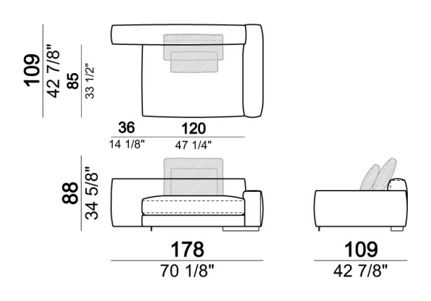 Atlas Sofa by Arketipo, size drawing: Unit SLIM with right or left back