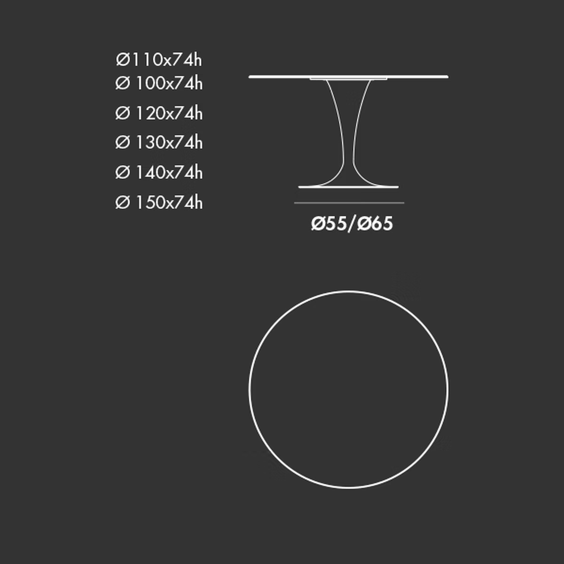 Flûte Round Table by Sovet, size drawing: Round