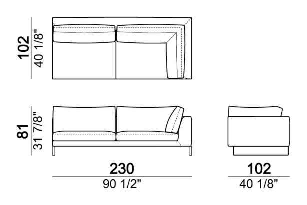 Ego Sofa by Arketipo, size drawing: Right or left corner unit