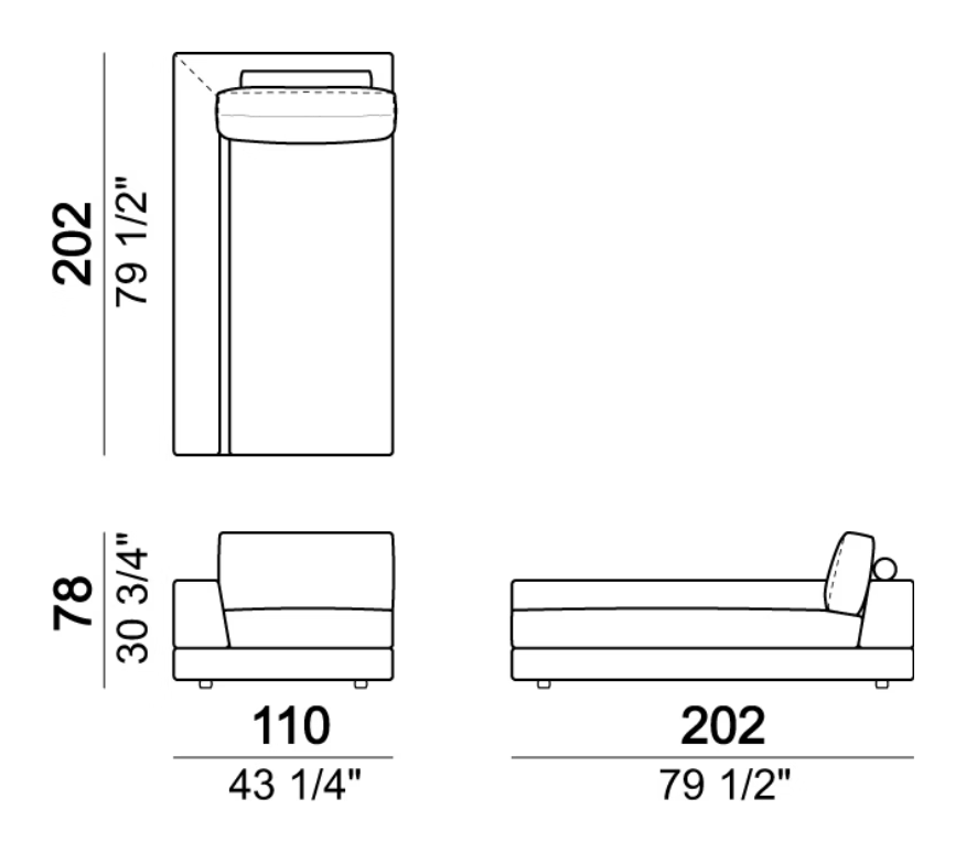 Plat Sofa by Arketipo, size drawing: Relax unit type A 110 cm with right or left full arm