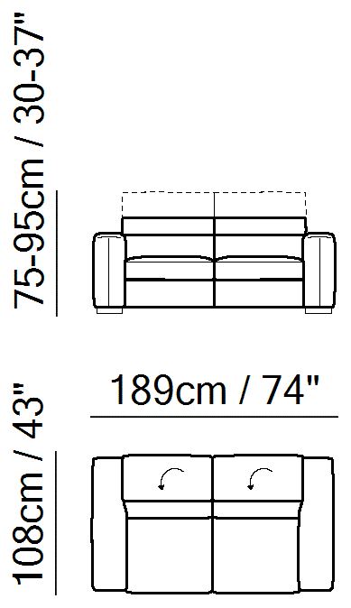 Balance Sectional by Natuzzi Italia: Two-seater sofa, outline drawing with sizes