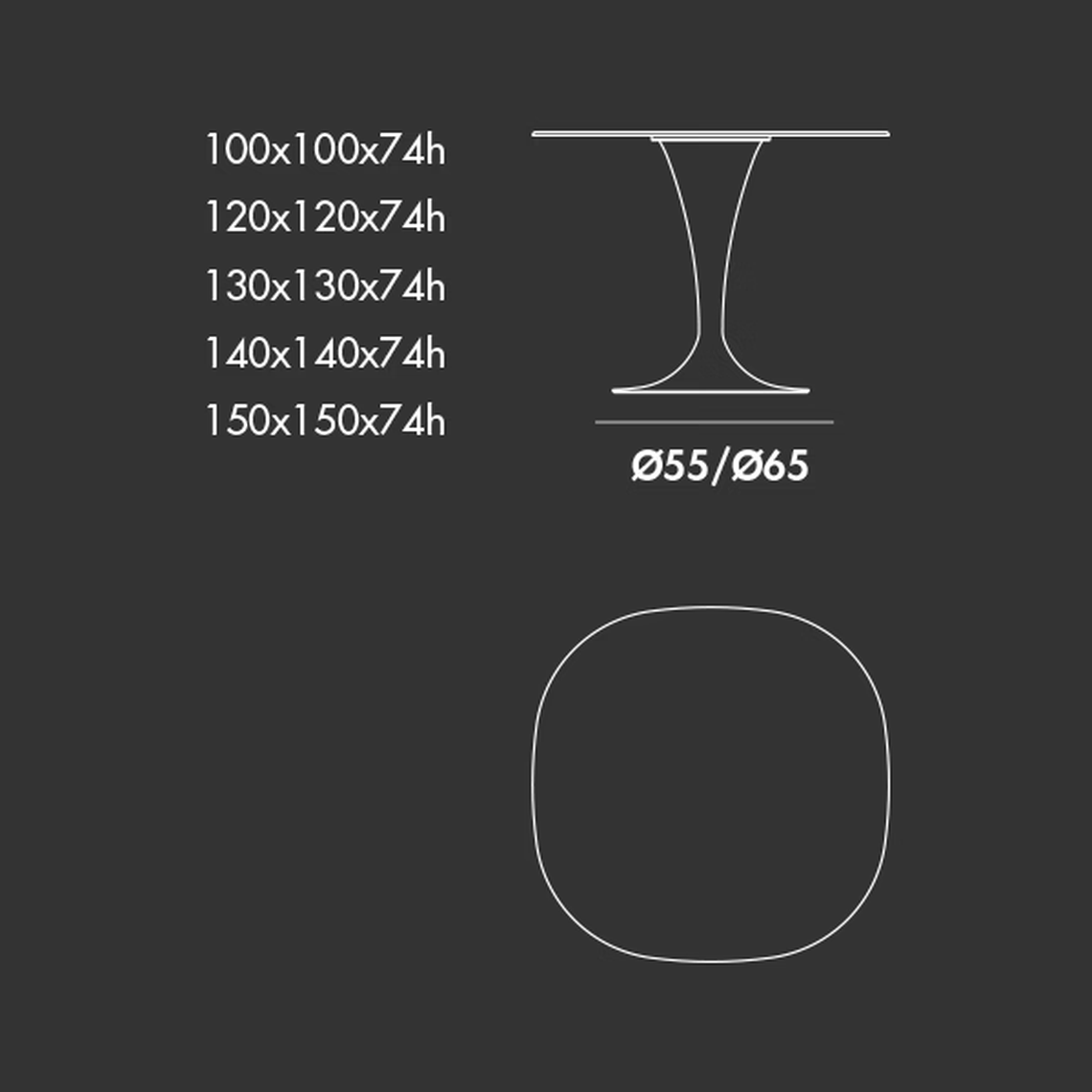 Flûte Round Table by Sovet, size drawing: Shaped