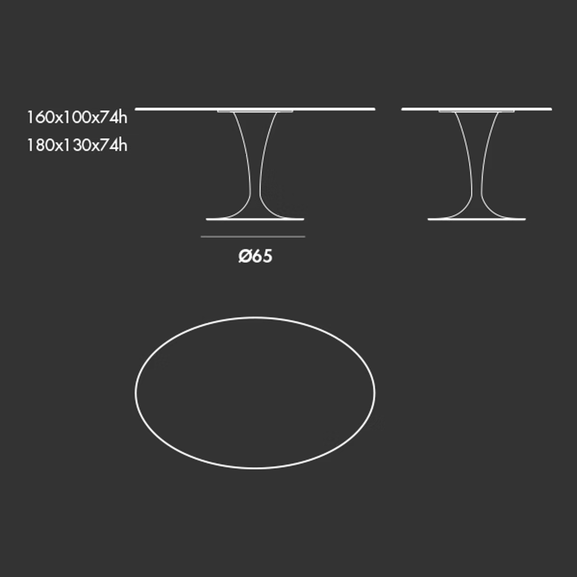 Flûte Elliptical Table by Sovet, size drawing