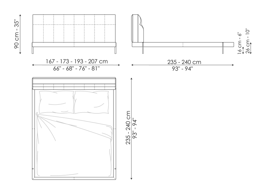 James Double Bed by Bonaldo, size drawing