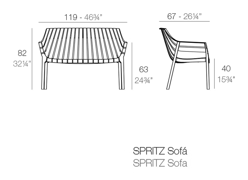 Spritz Sofa by Vondom, size drawing