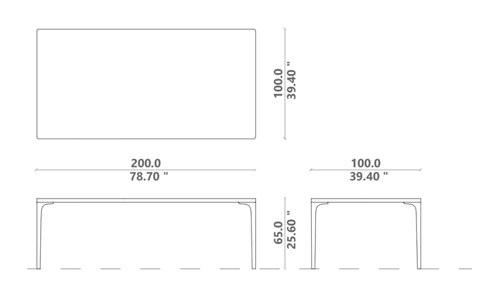 Soul Dining Table by Talenti, size drawing: 200 × 100 × H 65