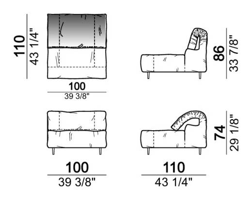 Crazy Diamond Sofa by Arketipo, size drawing: Central unit