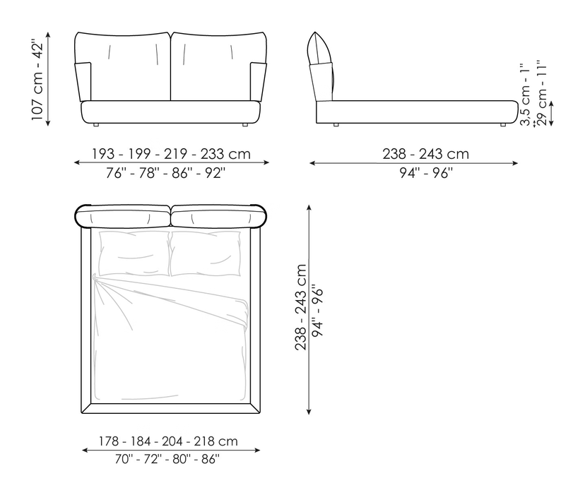 Blend Bed by Bonaldo, size drawing: Blend bed hi plus