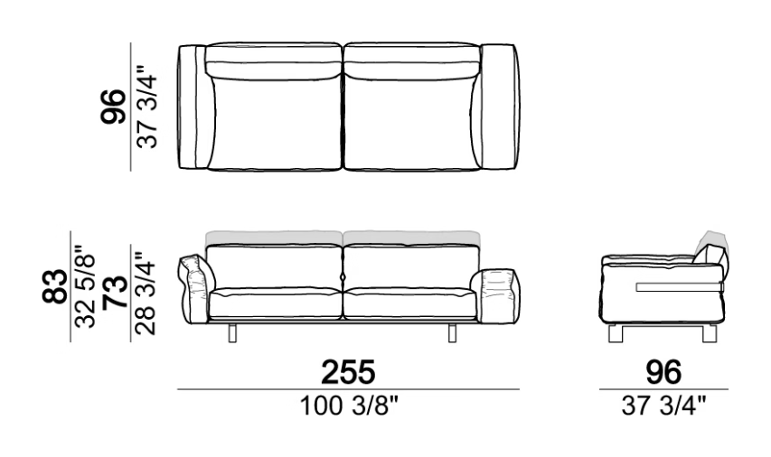 Close To Me Sofa by Arketipo, size drawing: Sofa COMBO, 2 seats 100 cm