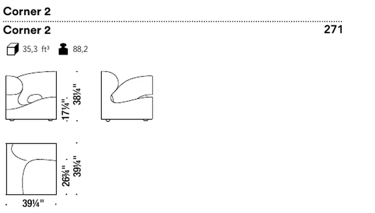 Misfits Sofa by Moroso, size drawing: Corner 2