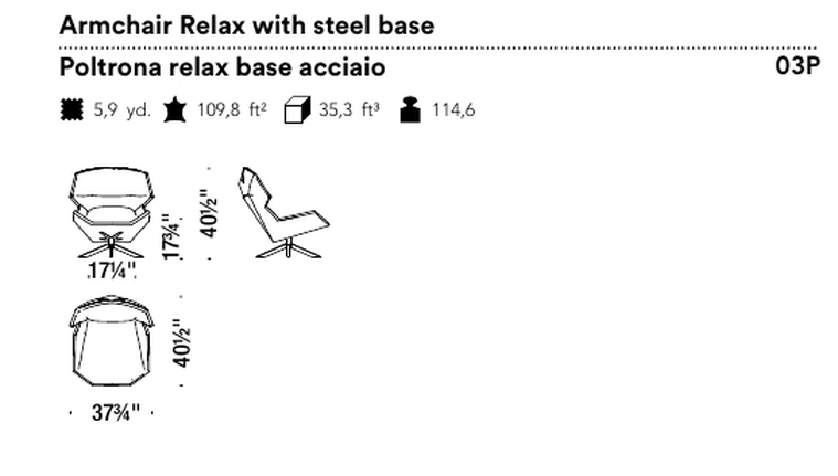 Clarissa Armchair by Moroso, size drawing: Armchair Relax with steel base