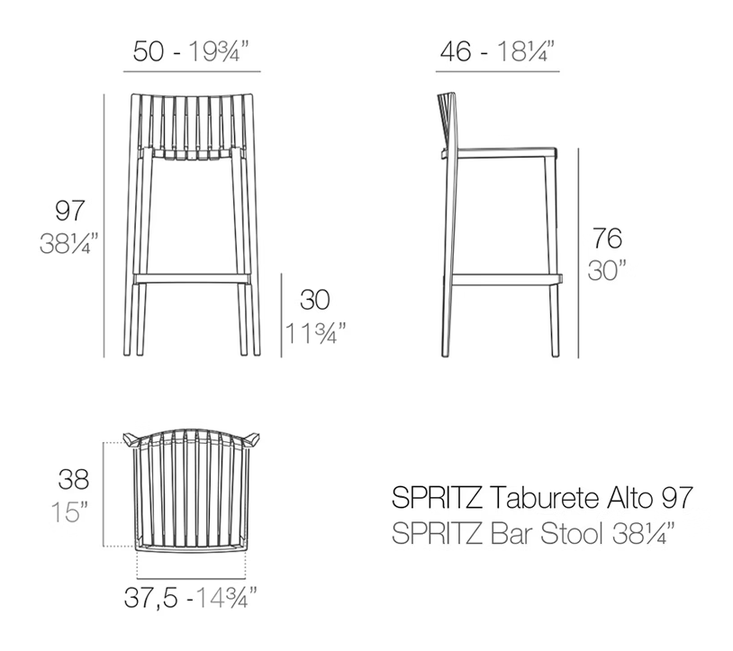 Spritz Stool by Vondom, size drawing
