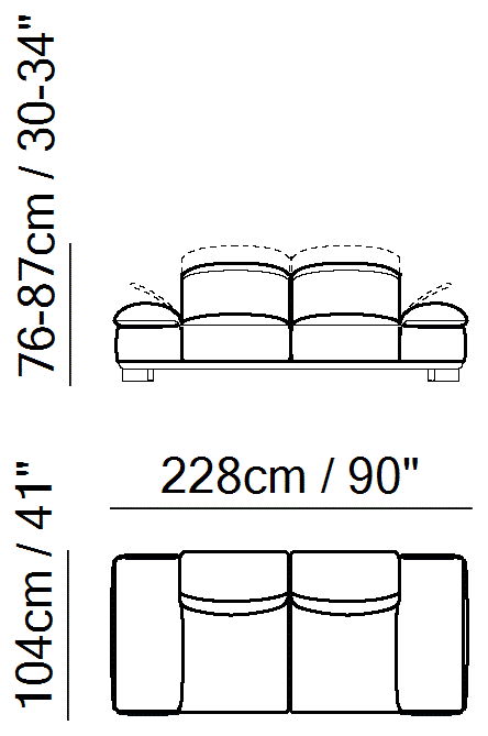 Adam Sectional by Natuzzi Italia: Two-and-a-half-seater sofa, outline drawing with sizes