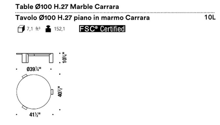 Gogan Coffee Table by Moroso, size drawing: Table Ø100 H.27 Marble Carrara