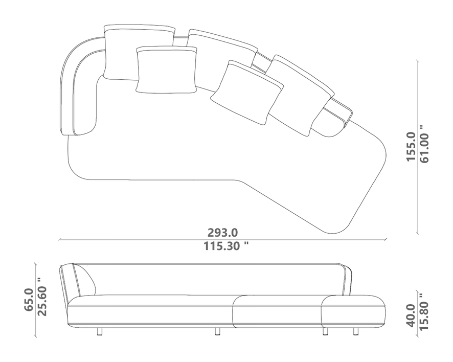 Alma Angled Sofa by Talenti, size drawing: Angled right