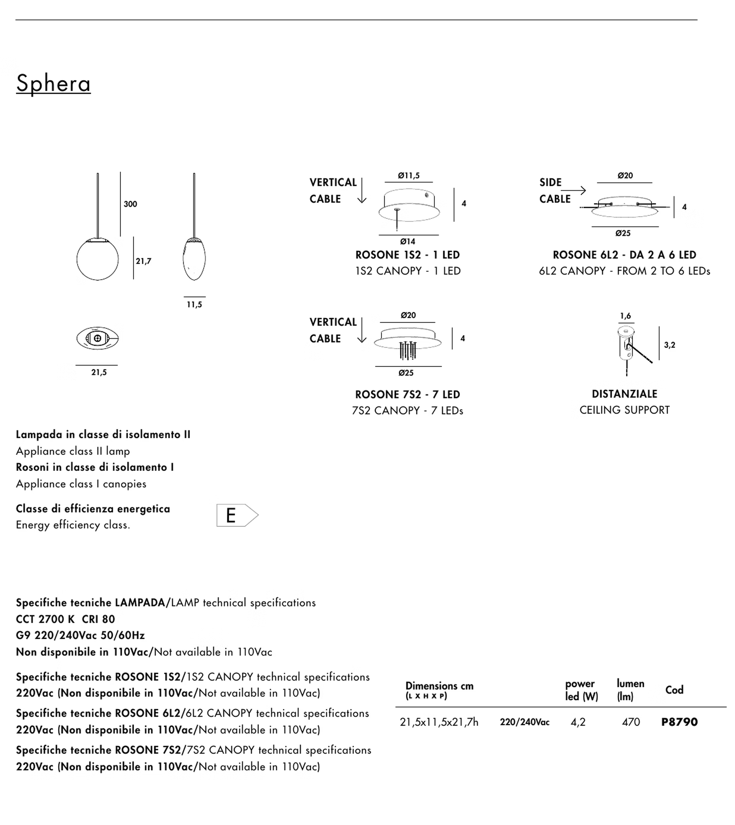 Sphera Pendant Lamp by Sovet, size drawing: Lamp, canopies and ceiling support