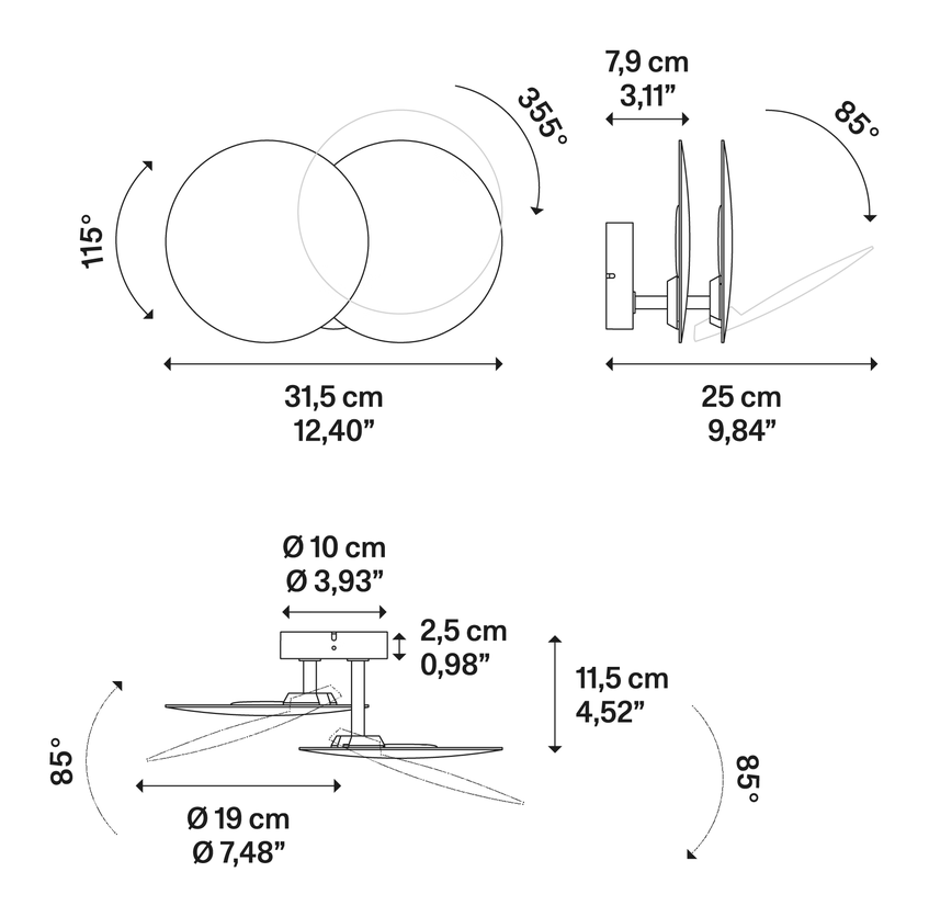 Puzzle Single Round Wall Light by Lodes, size drawing: Puzzle Double Round