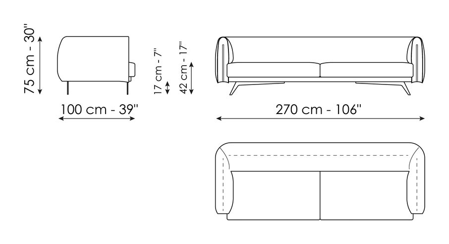 Saddle Sofa by Bonaldo, size drawing: Sofa 270