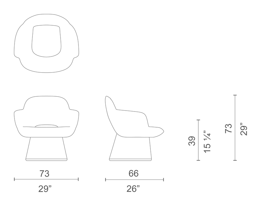 Kwado Armchair by Cappellini, size drawing: KW2