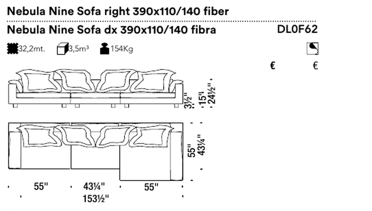 Nebula Nine Sofa by Moroso, size drawing: Nebula Nine Sofa right 390x110/140 fiber