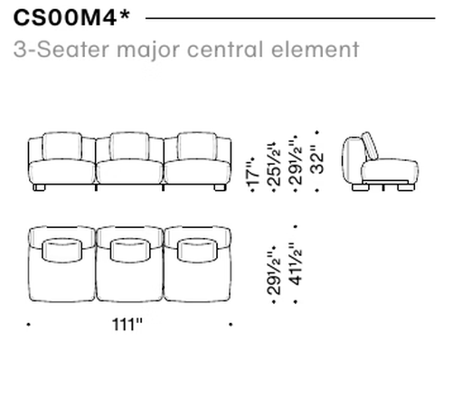 Cuadra-Soft Sofa by Moroso, size drawing: 3-Seater major central element