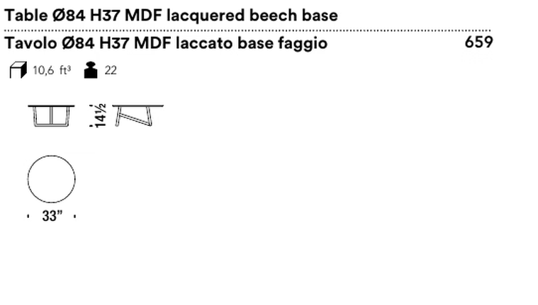 Klara Low Table by Moroso, size drawing: Table Ø84 H37 MDF lacquered beech base