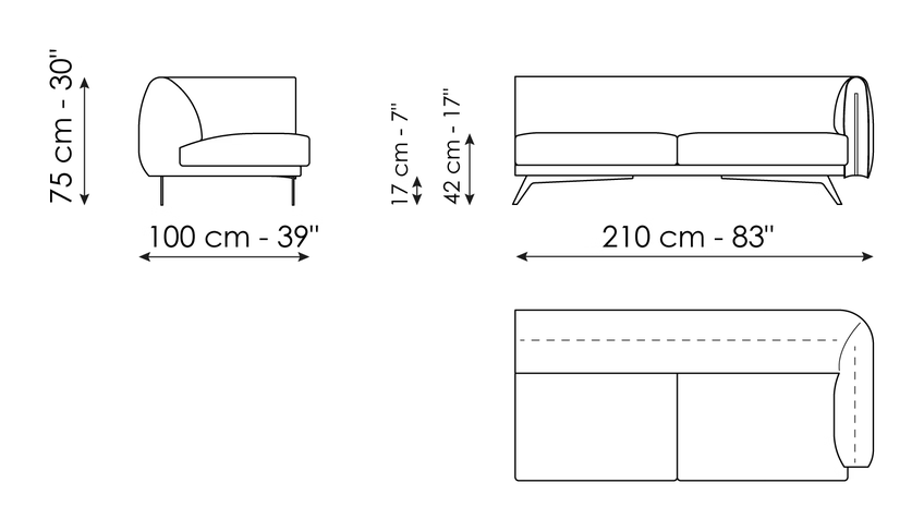 Saddle Sofa by Bonaldo, size drawing: End section sofa 210