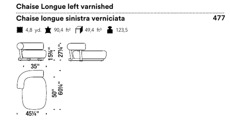 Pipe Chaise Lounge by Moroso, size drawing: Chaise Longue left varnished