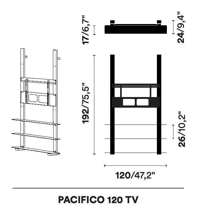 Pacifico Shelving System by Opinion Ciatti, size drawing: PACIFICO 120 TV