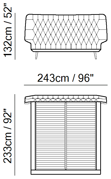 Dolcevita Bed by Natuzzi Italia: Bed with split mesh 180X200, outline drawing with sizes