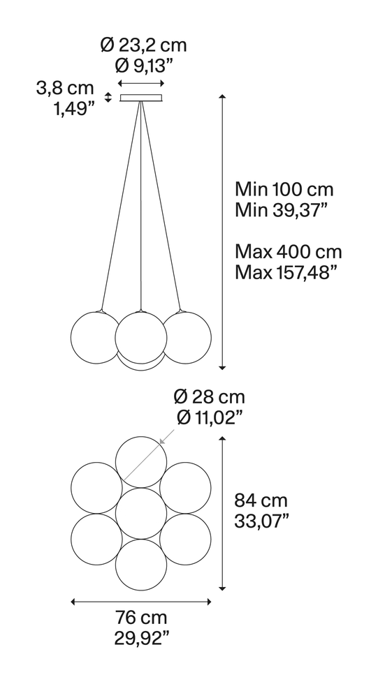 Random Cloud Pendant Lamp by Lodes, size drawing: Random Cloud 7 Lights Ø28