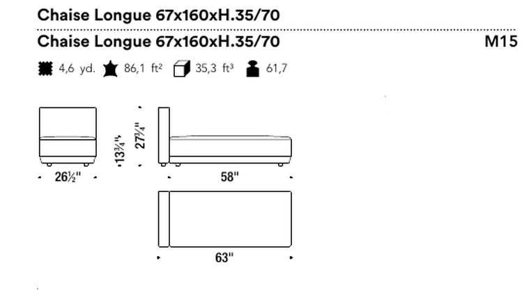 Bikini Island Modular Sofa by Moroso, size drawing: Chaise Longue 67x160xH.35/70